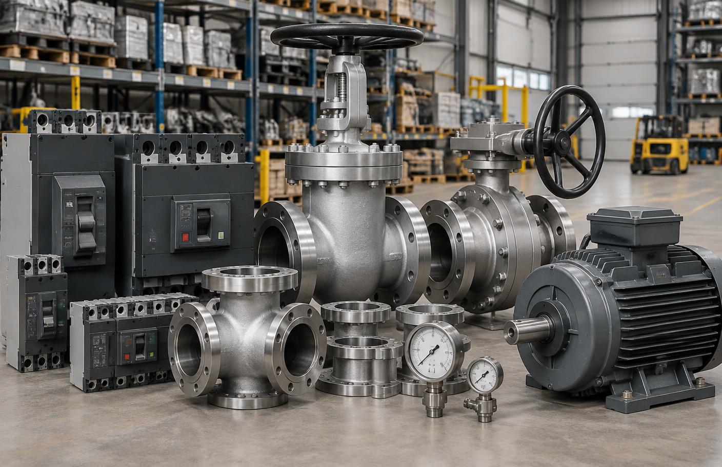 Industrial breakers, valves, fittings, gauges, and a motor